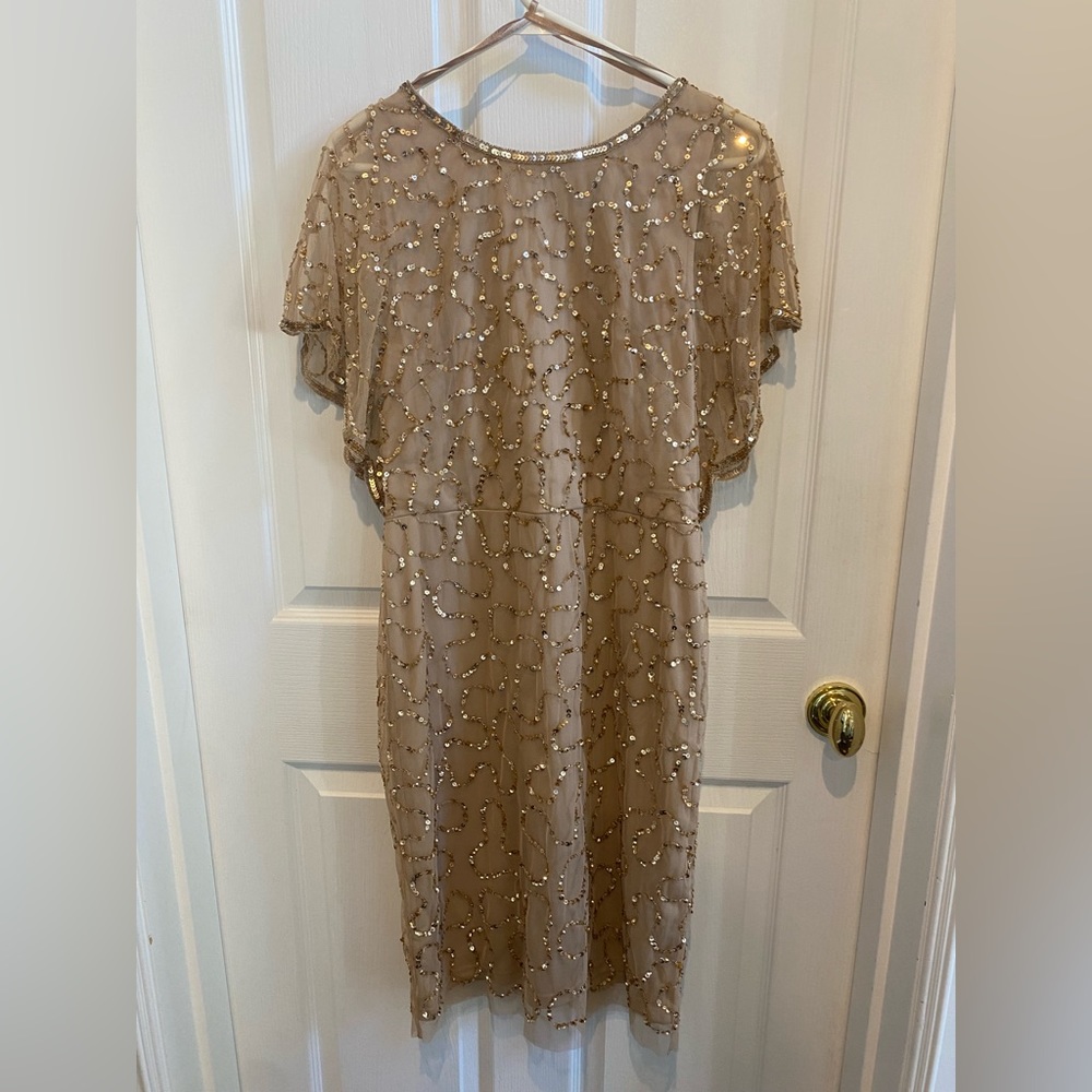 Adrianna Papell nude color with gold beads and sequins fully lined dress size 10